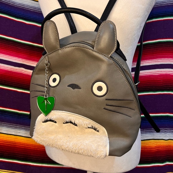 Gray Totoro Studio Ghibli Mini Backpack with Green Leaf Charm Zipper closure - Picture 1 of 3